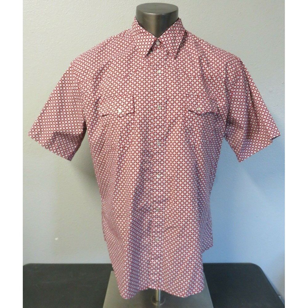 Mens Wrangler Peal Snap Western Shirt Red Blue Geometric Size XL Short Sleeve